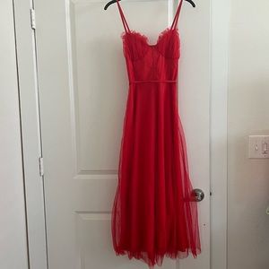 Red Pleated Bustier Midi Wedding Guest Dress